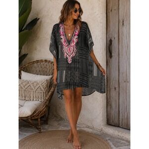 Flint & Moss Beach L/XL Black White Patchwork Embroidered Kaftan Tunic Boho